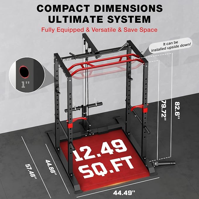 JELENS S11 Power Cage, 2000LB Multi-Function Power Rack with LAT Pulldown, Squat Rack with Adjustable Pulley System and Training Attachments, Weight Rack for Home Gym