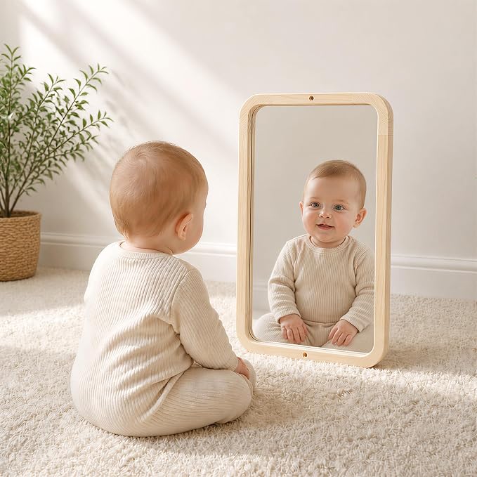 Woodtoe Montessori Mirror with Bar, Tummy Time Floor Mirror Toys for Baby | Baby Pull to Stand Toys, Natural Unpainted Solid Wood Frame, Baby Pull Up Bar, Developmental Toys for Nursery (Small Size)