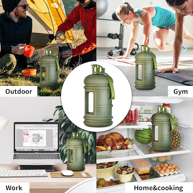 TOOFEEL 2.2 Liters Gym Big Sports Water Bottles for Men - Reusable BPA Free Plastic Clear Water Jug - Unique Water Bottles, Comfurtable to Touch and Easy to Clearn - Matte Olive Water Boottle