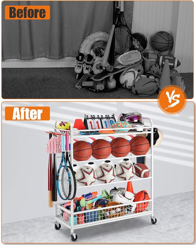 EXTCCT Garage Sports Equipment Organizer - Rolling Ball Storage Bin with Wheels, Garage Sports Gear Rack Outdoor Basketball Racks for Balls with Baseball Bat Holder and Hooks, Toy Organizer(White)