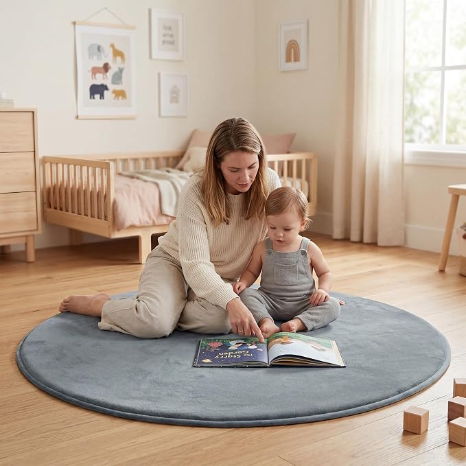 Baby Play Mat for Floor,1.3" Thick Elasti-Foam 47in Round Mat for Tummy Time,Water Repellent Soft Coral Velvet for Toddler,Infant,Kids,Non-Slip Backing Safe for Crawling(Dark Grey)