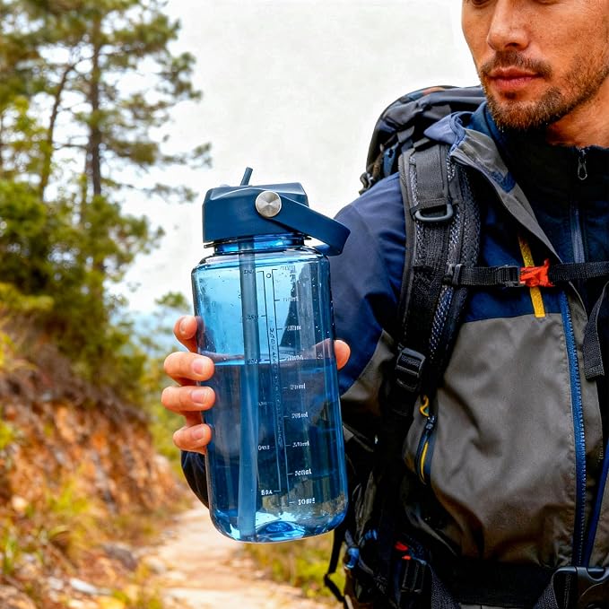 OLDLEY 32oz Water Bottle with Straw,Leakproof Tritan Clear Bottle with Marked Bottle and Carry Handle, BPA-Free Wide Mouth Reusable Sports Bottle for Gym,Hiking,Camping,Travel,Workout,Deep Navy