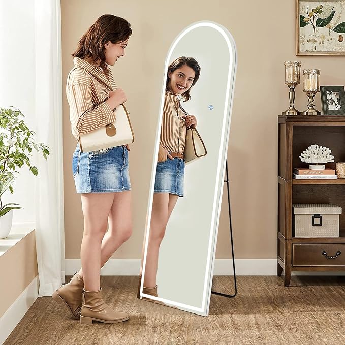 Sweetcrispy 63"x20" LED Mirror Full Length with Stand, Lighted Floor Mirror, w/Dimming & 3 Color Lighting, White