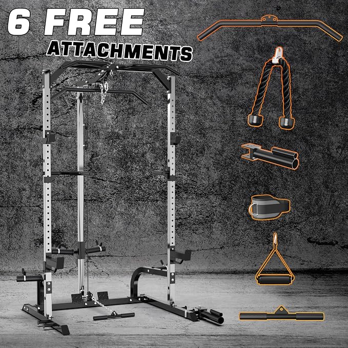 Power Cage Power Rack with LAT Pulldown Workout Cage Dip Handles Cable Pulley SystemSquat Rack for Home Gym