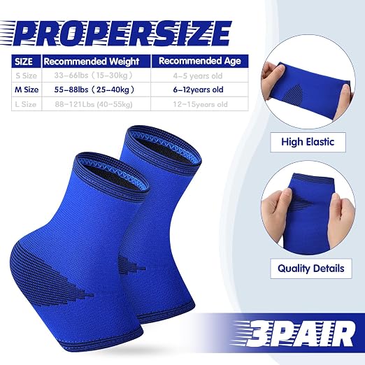 Tarpop 3 Pair Ankle Compression Sleeves for Kids Ankle Brace Compression Sleeves Foot Arch Sock for Girls Sports Running Dance Fitness Gymnastics(Blue,Medium)