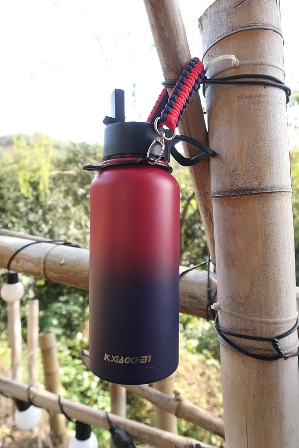 KXIAOCHEN Insulated Water Bottle with Strap, 48-Hour Cold, 2 Lids | Triple-wall insulation, lead-free 18/8 Stainless steel, paracord handle, carabiner clip, for gym, hiking, camping and travel