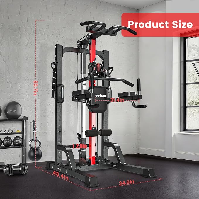 Pull Up Bar Power Tower Dip Station with Cable Machine, 450LB Home Gym | Pull up bar, dip station and 16-position cable system for pull ups, dips, lat pulldowns, rows and full-body training