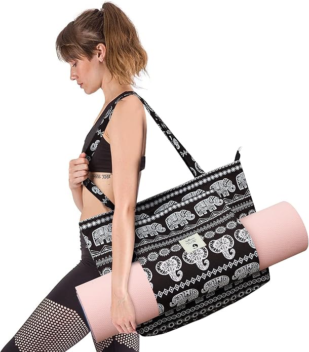 WLLWOO Yoga Mat Carrier Bag for Women Canvas Carryall Tote Gym Pilates | Large Holder Zipper Shoulder for Beach Travel Workout Fitness Office