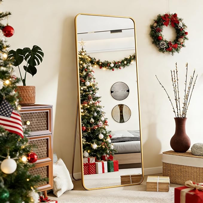 BEAUTYPEAK 56" x 21" Rounded Corner Full Length Mirror with Stand, Gold | Aluminum Alloy Frame with Standing, Leaning, or Wall-Mounted, Ideal for Bedroom, Dressing Room, Entryway, and Living Room