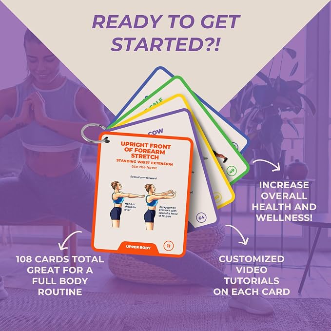 Stretching Exercise Cards – 100 Illustrated Flexibility and Mobility Flash Cards Designed by a Physical Therapist with Video Tutorials for Men and Women