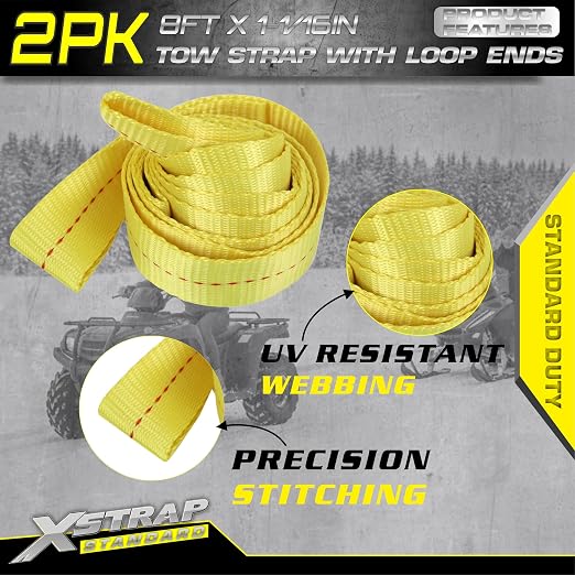 XSTRAP STANDARD 2PK 1-3/4''x 8FT Lifting Sling Web Tow Straps w/Loop End | 5000 lbs Breaking Strength, Heavy Duty Flat Lift Sling Web Straps for Rigging, Moving, Hoist, Tree Stump Removal