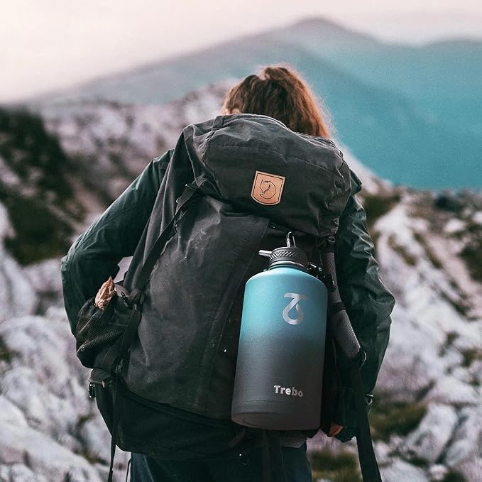 Trebo One Gallon Water Bottle Insulated with 3 Lids, Paracord Handle & Bag | 128 oz Large Stainless Steel Water Jug, Triple Wall Vacuum Copper Plated, Dishwasher Safe, Keeps Cold 48 Hrs for Hiking, Gym