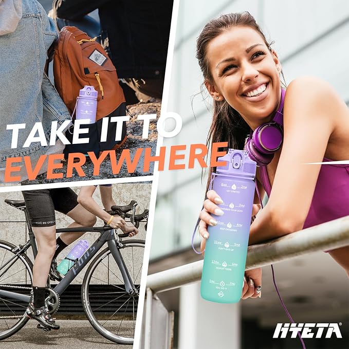 Hyeta Plastic Water Bottle With Straw & Time Marker, 32oz Leakproof Jug | Motivational Tritan BPA Free Gym Office Outdoor Intake Tracker Hourly Reminder Straw Lid Lightweight