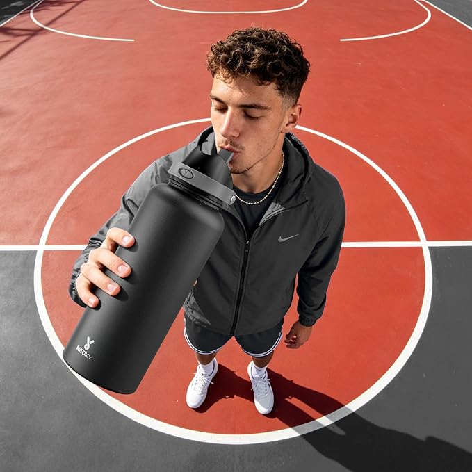 Meoky 64 oz Insulated Water Bottle, Half Gallon Water Jug for Sports Gym | Cold for 36 Hours, 2-in-1 Straw and Spout Lid, Leak Proof, Non-slip Base, Stainless Steel Large Water Bottle, Night
