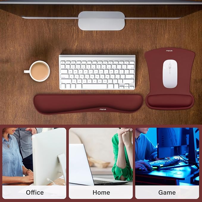 MOSISO Wrist Rest Support for Mouse Pad & Keyboard Set, Ergonomic Mousepad Non-Slip Base Home/Office Pain Relief & Easy Typing Cushion with Neoprene Cloth & Raised Memory Foam, Wine Red