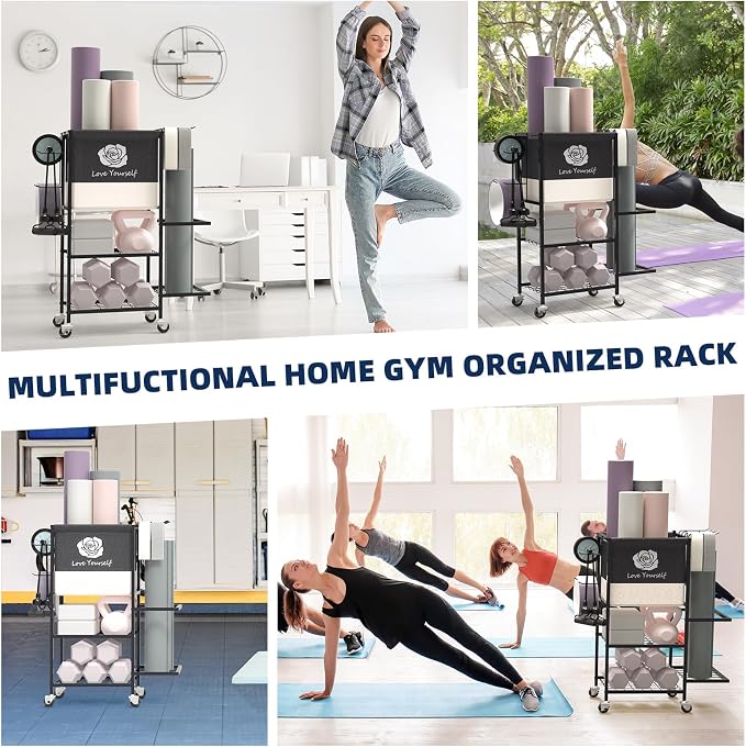 Yoga Mat Storage Rack,Home Gym Storage Rack Gym Workout Equipment Storage Organizer Fitness Weight Rack on Wheels for Yoga Mat,Yoga Block,Foam Roller,Resistance Band,Dumbbell,Kettlebell and Other Workout Accessories