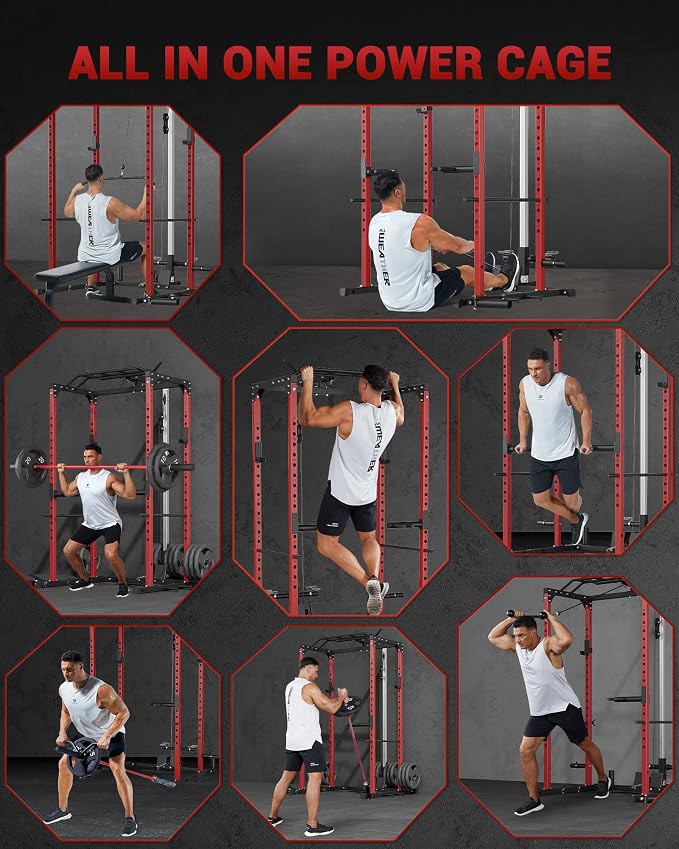 GarveeLife Power Cage, Power Racks for Home Gym with Pulley System | 1200 LBS Weight Capacity Multi-Functional Squat Rack for Strength Workout with More Training Attachment (Red D1002)