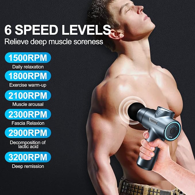 LEERCON Massage Gun Deep Tissue Handheld Muscle Massager for Pain Relief | Electric Massager Gun with 6 Speeds and 4 Heads Small Massage Gun for Athletes, Ideal Gift for Men Women Dad Mom Blue