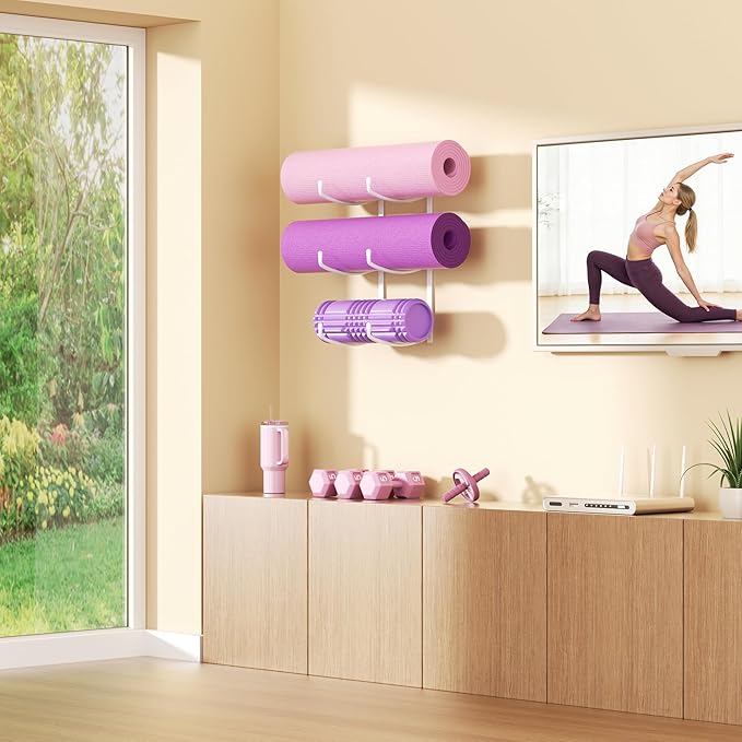 Yoga Mat Holder Wall Mount, 3-Tier Storage Rack for Yoga Mat, Foam Roller, Block, Yoga Accessories, Wall Organizer for Home Gym, Gym, Workout Room, Metal, White