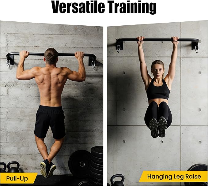 Wall Mounted Pull Up Bar, Carbon Steel Doorway Chin Up Bar for Home Gym | Reinforced plate supports fit joists and studs, creating a stable space-saving upper-body strength training station.