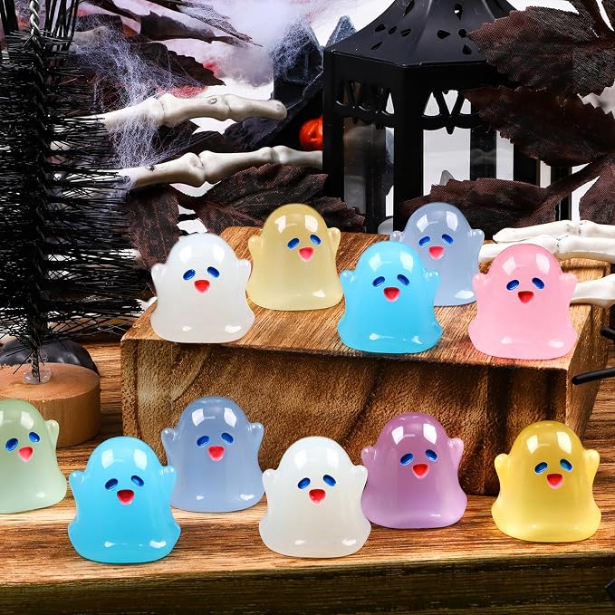 64Pcs Halloween Luminous Mini Ghosts Figures 8 Colours Glow in The Dark Miniature Resin Ghost Figurines to Hide Bulk Tiny Small Statue for Halloween Party Favors Micro Garden Dollhouse Decorations