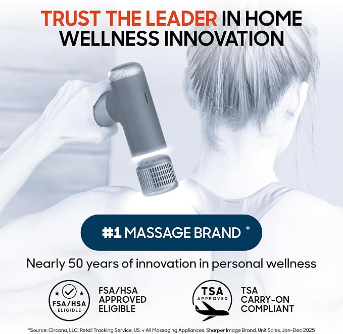 Sharper Image Powerboost Pro+ Hot & Cold Compact Deep Tissue Massage Gun - 6 Speed, 4 Attachments, Travel Case| Soothing Heat & Cold Therapy| Portable Lightweight Full Body Shoulder & Back Massager