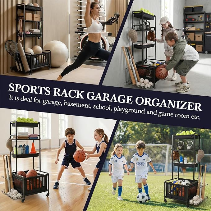 Faesun Sports Equipment Organizer, Ball Storage Rack for Garage, 4-Tier Indoor/Outdoor Rolling Ball Carts with Wheels for Toy Sports Gear Storage, Black
