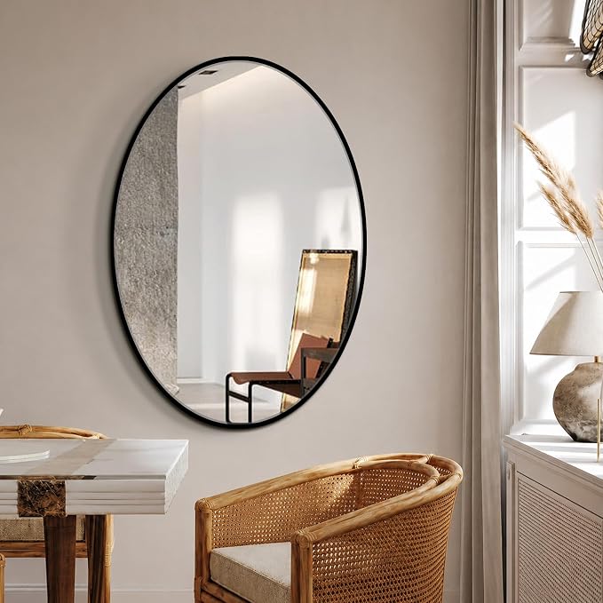 Oval Bathroom Vanity Mirror for Wall, 38''x26'' Black Oval Bathroom Mirror for Over Sink, Bedroom, Living Room, Entryway, HD Tempered Glass, Wall Mounted Horizontally or Vertically