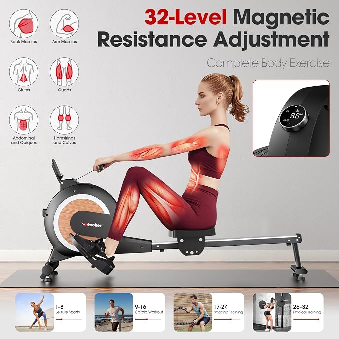 Wenoker Rowing Machine for Home, Magnetic Rower Machine, 350 LB Weight Capacity, 16-Level Silent Resistance Row Machine for Gym Exercise