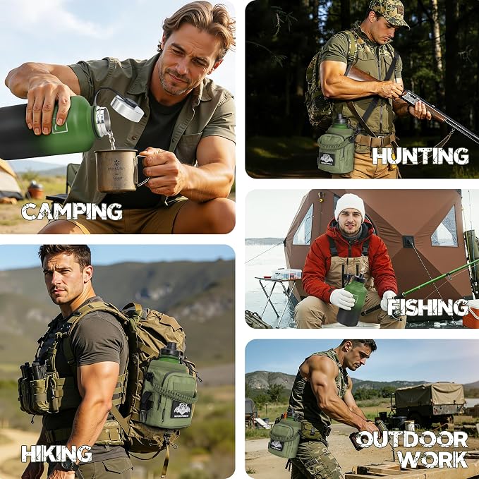 NATURE PIONEOR 64 oz Tactical Water Bottle with MOLLE Bottle Pouch & 3 Lids | 18/8 Food-grade Stainless Steel, Double Vacuum Insulation, 3 Leak-proof Lids, Handle, Strap, Camping, Hiking, Gym, Work