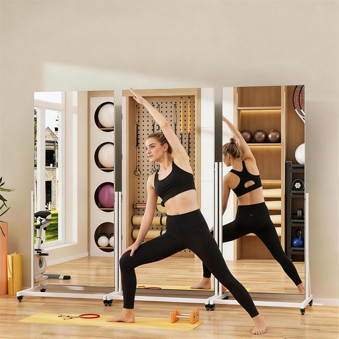 65" x 24" Full Length Rolling Mirror on Wheels for Home Gym, 360° Rotate | Tempered glass & metal frame, 360° rotation, standing holder included, ideal for bedroom, dance studio, fitness training