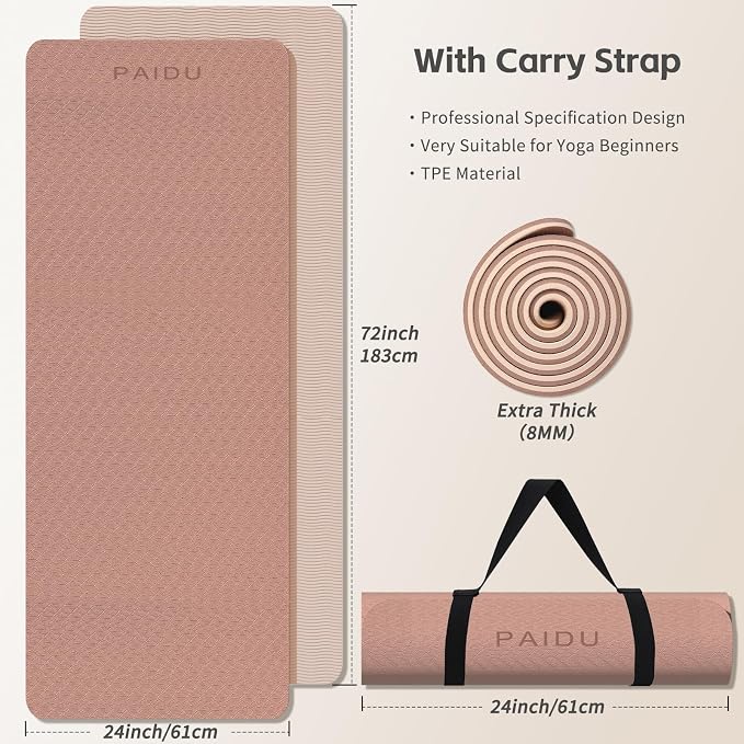 PAIDU Yoga Mat 8mm TPE Non‑Slip Fitness Mat with Strap for Home Workouts | SGS Certified, Odorless, Tear‑Resistant, Unisex, for Yoga, Pilates, Meditation, Home & Gym Workouts
