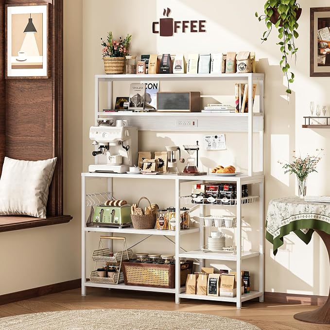 SUPERJARE Bakers Rack with Power Outlet, 47.2 Inches Coffee Bar with Basket | Kitchen Microwave Stand with 3 Level-Adjustable Open Shelves, with 6 S-Shaped Hooks, White