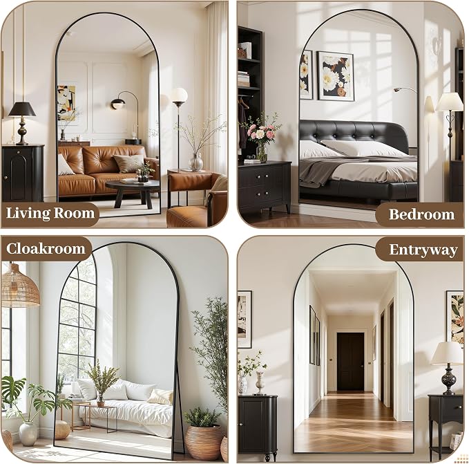 Suidia 78"x38" Arched Full Length Mirror with Stand, Full Body Mirror with Aluminum Frame, Freestanding/Leaning/Wall-Mounted, Floor Mirrors for Bedroom, Living Room, Entryway, Dressing Room, Black