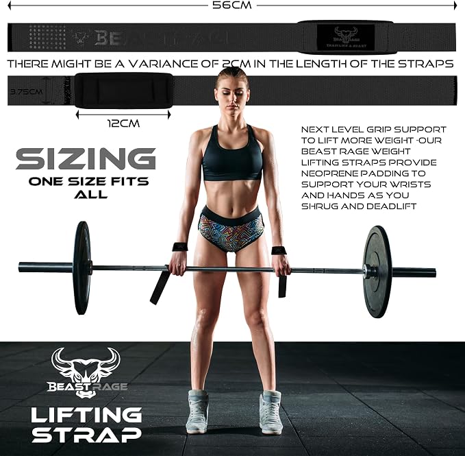 BEAST RAGE Lifting Wrist Straps for Weightlifting, Straps Gym Grip Power Workouts Lifting Straps Padded Neoprene & Premium Cotton Men Women, Deadlift Bodybuilding Exercise Lifting Straps