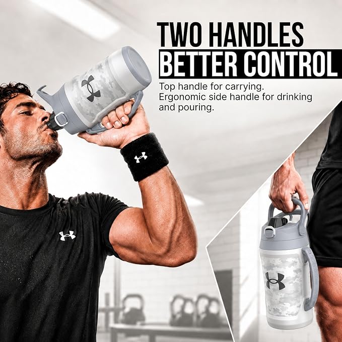 Under Armour Insulated Water Bottle with Handle & Fence Hook, Half Gallon Sports Water Jug, Leak-Resistant & BPA-Free for Baseball, Football & Gym - White Woodland, 64oz