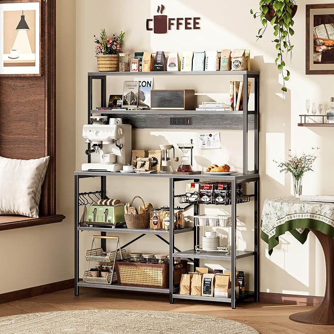 SUPERJARE Bakers Rack with Power Outlet, 47.2 Inches Coffee Bar with Basket | Kitchen Microwave Stand with 3 Level-Adjustable Open Shelves, with 9 S-Shaped Hooks, Grey