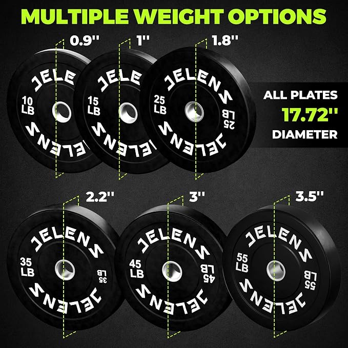 JELENS Olympic Barbell Weight Plates Set, 2-Inch Black/Colored Rubber Bumper Plate Weight Set for Strength Training and Weightlifting, Multiple Options