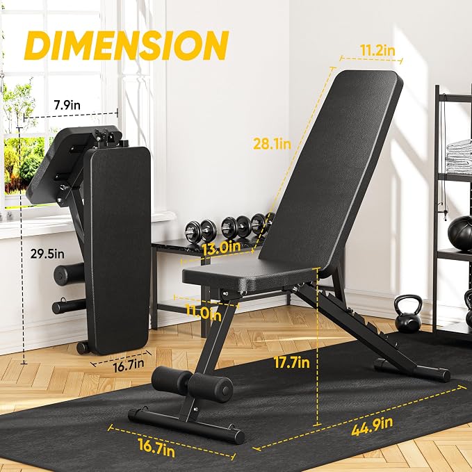 Adjustable Weight Bench for Home Gym, 600LBS Capacity Foldable Workout Bench with 7 Backrest Positions for Full Body Exercise, Compact for Small Spaces, Incline Decline Flat Bench with Quick Adjustment & Easy Folding