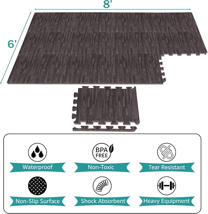 Sorbus Wood Grain Floor Tiles Foam Mat EVA Interlocking Mats Tile 3/8-Inch Thick Flooring Wood Puzzle Exercise Mats w/Borders - Home Playroom Basement, Apartment, Trade Show, Baby, Dance