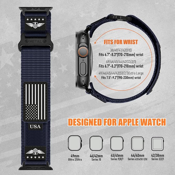 Rugged Nylon for Apple Watch Ultra 2/ Ultra 3 Band Series 11/10/9/8/7/6/5/4/3/SE iWatch Bands Men,Soft Woven Stars-Stripes Flag Wristbands Strap for Apple Watch Ultra 3/2/1 49mm 46mm 45mm 44mm 42mm
