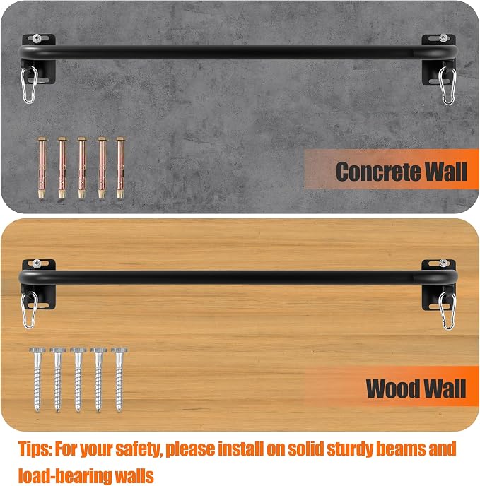 Wall Mounted Pull Up Bar, Carbon Steel Doorway Chin Up Bar for Home Gym | Reinforced plate supports fit joists and studs, creating a stable space-saving upper-body strength training station.