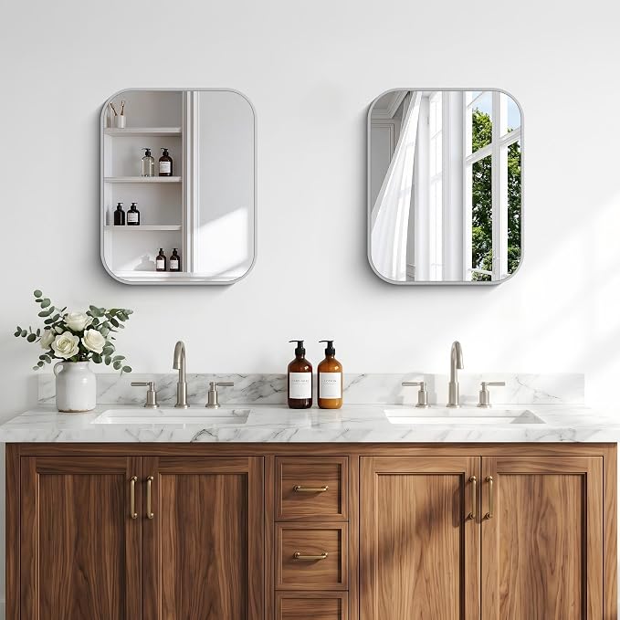 BONEWEI Silver Bathroom Mirror,16x20 inch Wall Mirror for Bathroom Wall Mounted,Rectangle Mirror for Bathroom Over Sink,Modern Frame Round Corner for Living Room,Bedroom Entryway,Horizontal/Vertical