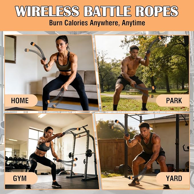2PCS Portable Ropeless Battle Ropes with Adjustable Weight Rings | Cordless Battle Rope for Home Gym, HIIT Workout, Low-Impact Cardio, Strength Training, Fitness Equipment for Women & Men