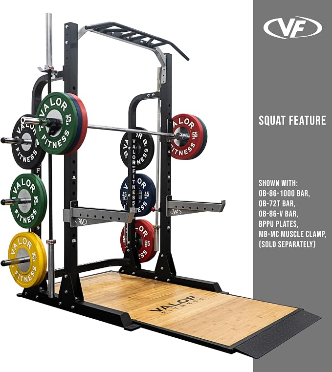 Valor Fitness Half Rack Squat Machine - 5 Position Multi-Grip Pull Up Station - Adjustable Height, Plate Storage, Bar Storage and Resistance Band Pegs – 750lbs.- Optional Weightlifting Platform Bundle