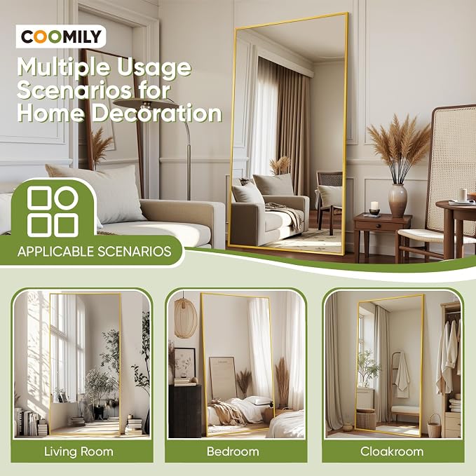 Full-Length Floor Mirror with Stand, 78"x38" Rectangle Style Full Body Standing Mirror for Bedroom, Living Room, Gym, Dorm - Shatter-Resistant & Easy Assembly, Gold
