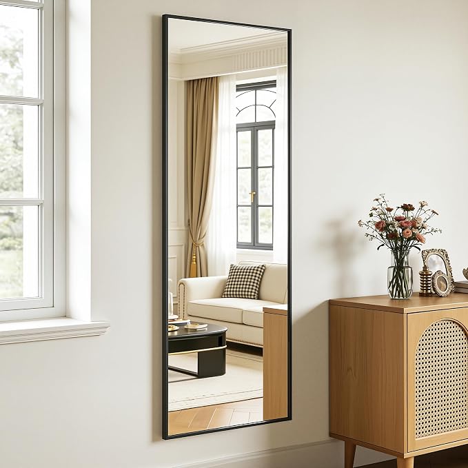 Antok Full Length Mirror, 58"x19" Floor Mirror with Stand, Hanging Mounted Mirrors for Bedroom, Living Room, Cloakroom, Dining Room, Black, Rect