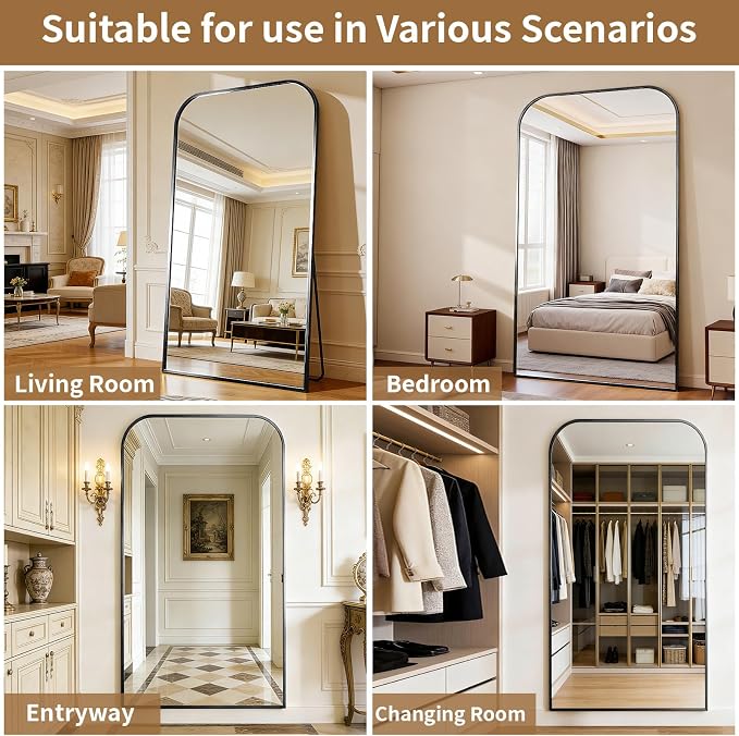 Oversized Full Length Mirror 81"x41" Arched Floor Standing Mirror | Large Full Body Mirrors with Stand - with Aluminum Frame for Bedroom Living Room, Black