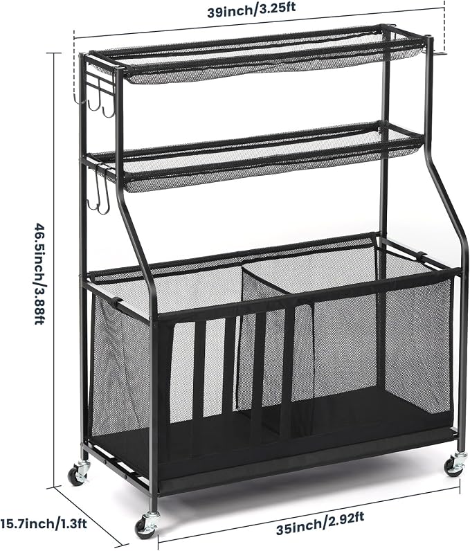 Kinghouse Garage Balls and Toy Organization, with 37 Gal Ball Storage Bin | Sports Rack with Hooks, Elastic Straps Storage for Basketball, Soccer, Tennis, Stick, Racket, Nerf Gun, Toy, Indoor, Outdoor