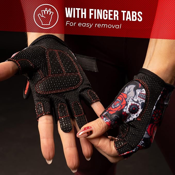 Contraband Pink Label 5237 Womens Designer Workout Gloves | Sugar Skull Print w/Grip-Lock™ Padding (Red, Medium)